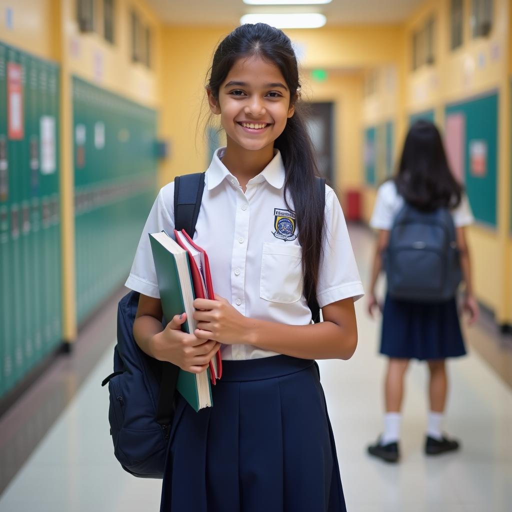 An Indian teenage girl in a school uniform, standing in a school environment with a bright smile, holding textbooks and carrying a backpack