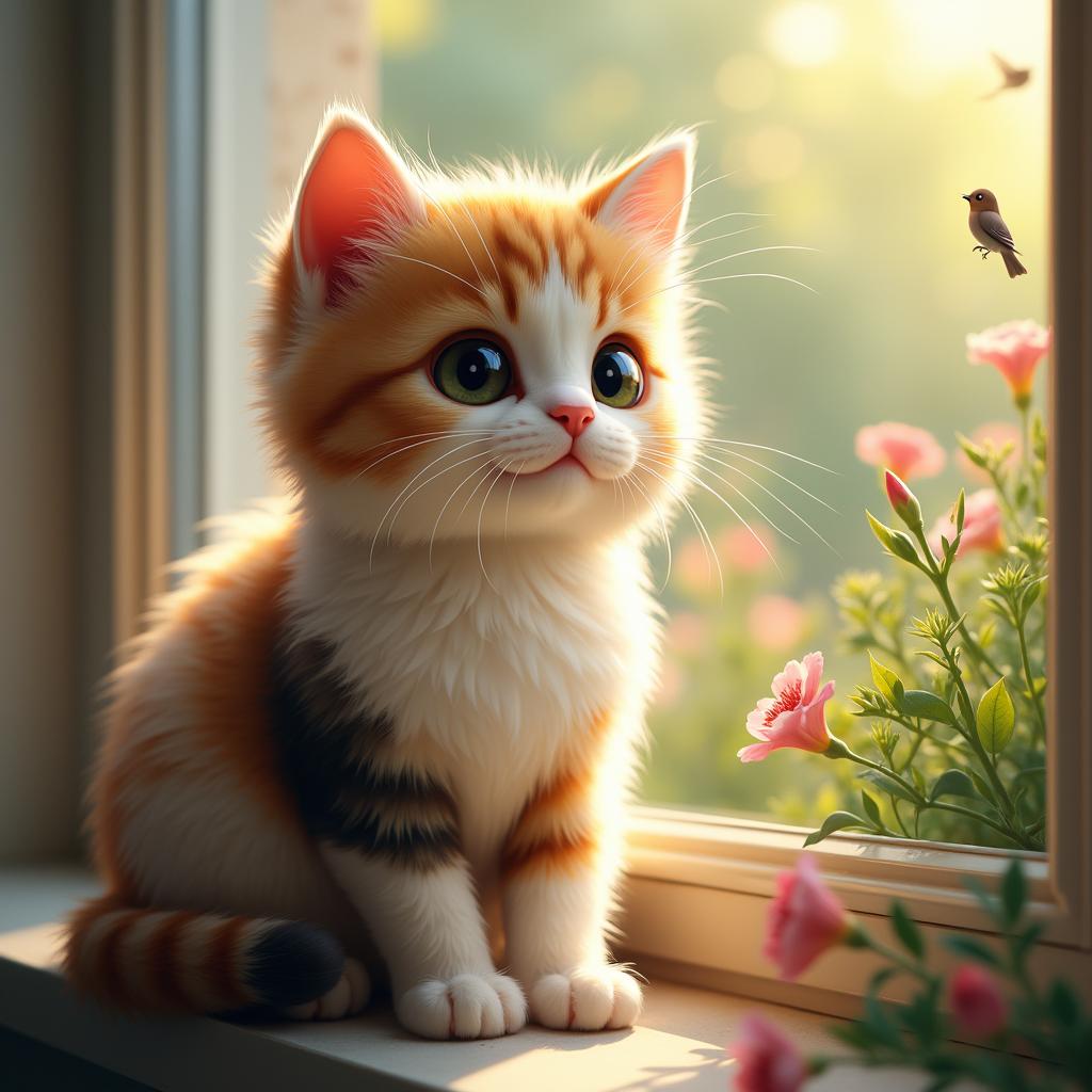 A cute, fluffy calico cat with big eyes is sitting on a windowsill, bathed in warm sunlight, with a garden visible outside the window