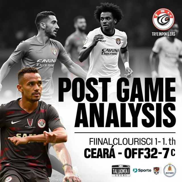 Create a dynamic thumbnail for Ceará Sporting Club's post-game analysis featuring the team's logo, key players, and the final score with a clean and professional design