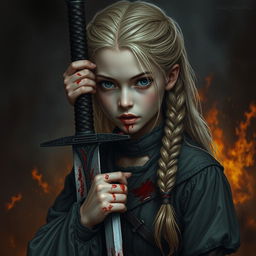 A girl with braided blonde hair, half undone, holding a bloody sword in her hand