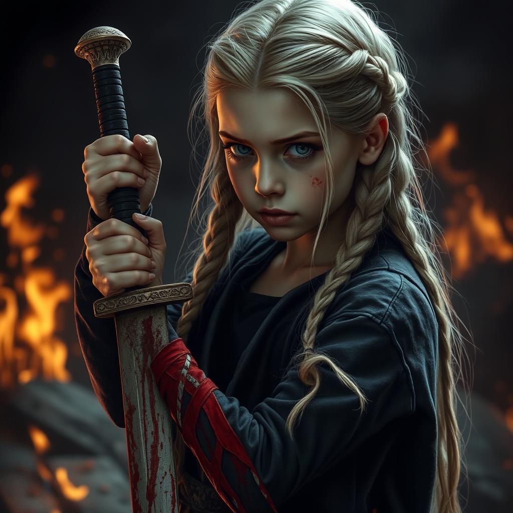 A girl with braided blonde hair, half undone, holding a bloody sword in her hand