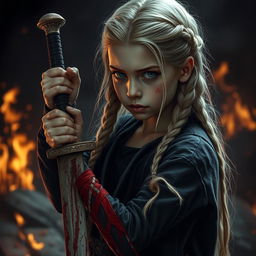 A girl with braided blonde hair, half undone, holding a bloody sword in her hand