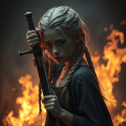 A girl with braided blonde hair, half undone, holding a bloody sword in her hand