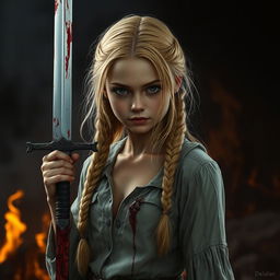 A girl with braided blonde hair, half undone, holding a bloody sword in her hand