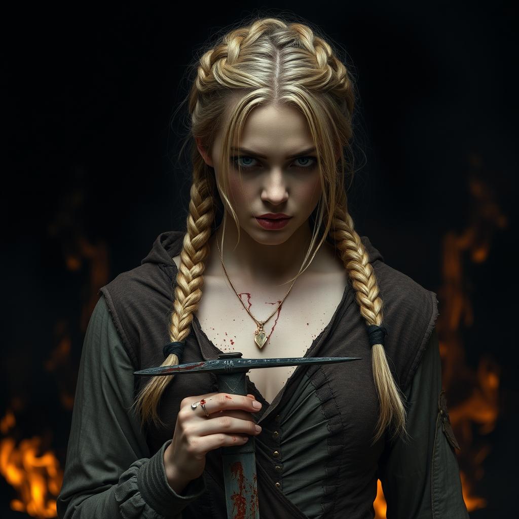 A woman with braided blonde hair, half undone, holding a bloody sword in her hand