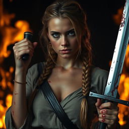 A woman with braided blonde hair, half undone, holding a bloody sword in her hand