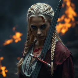 A woman with braided blonde hair, half undone, holding a bloody sword in her hand