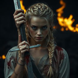 A woman with braided blonde hair, half undone, holding a bloody sword in her hand