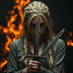 A woman with braided blonde hair, half undone, holding a bloody sword in her hand