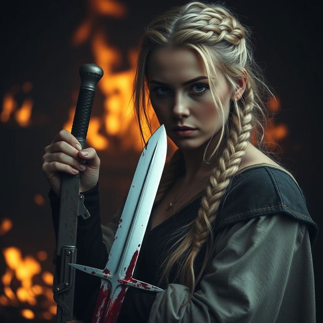 A woman with braided blonde hair, half undone, holding a bloody sword in her hand