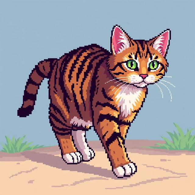 Create a detailed 16-bit pixel art image of a full-body cat walking