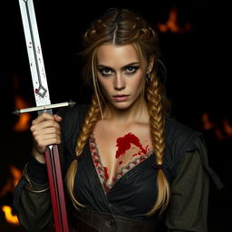 A woman with braided blonde hair, half undone, holding a bloody sword in her hand