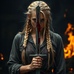 A woman with braided blonde hair, half undone, holding a bloody sword in her hand