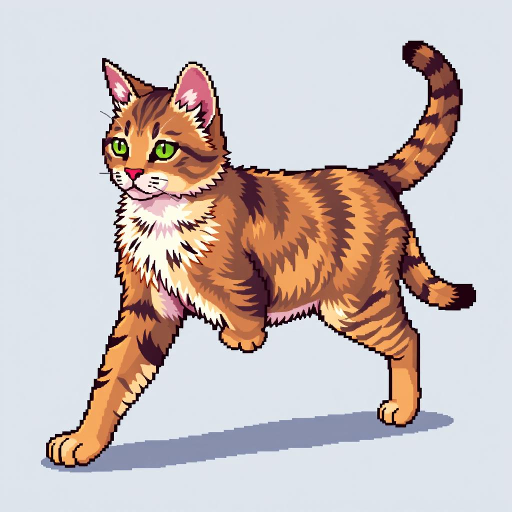 Create a detailed 8-bit pixel art image of a full-body cat walking from a side view