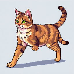 Create a detailed 8-bit pixel art image of a full-body cat walking from a side view