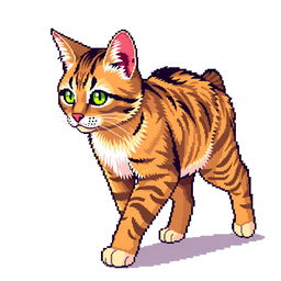 Create a detailed 8-bit pixel art image of a full-body cat walking from a side view