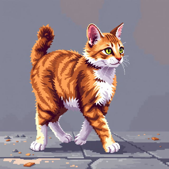 Create a detailed 8-bit pixel art image of a full-body cat walking from a side view