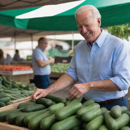 President Joe Biden, in casual attire, selecting fresh cucumbers from a market stall, with a smile on his face.