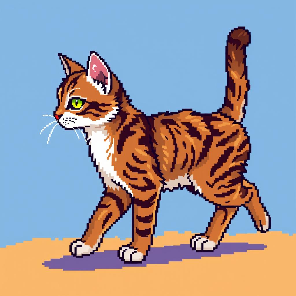 Create a detailed 8-bit pixel art image of a full-body cat walking from a side view, designed for a video game