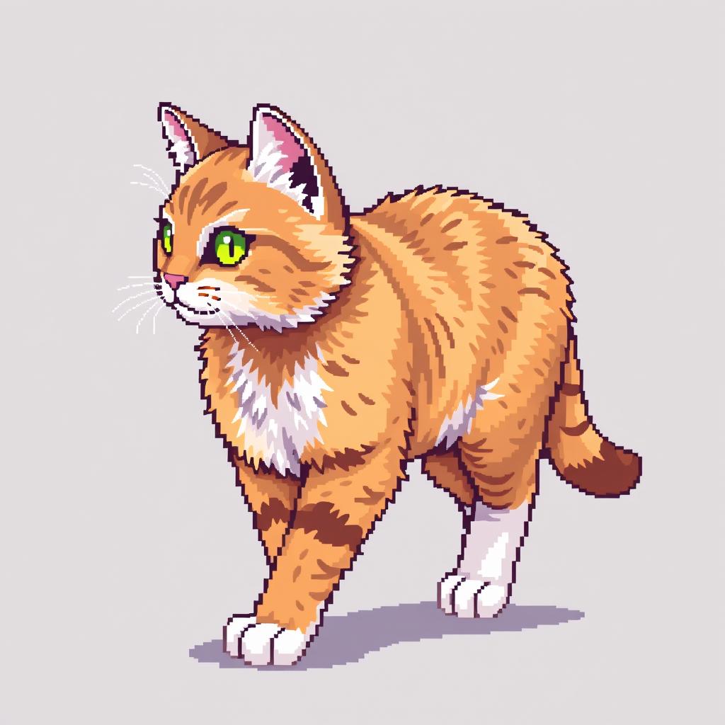 Create a detailed 8-bit pixel art image of a full-body cat walking from a side view, designed for a video game