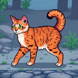 Create a detailed 8-bit pixel art image of a full-body cat walking from a side view, designed for a video game