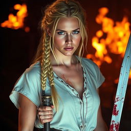 A woman with braided blonde hair, half undone, holding a bloody sword in her hand