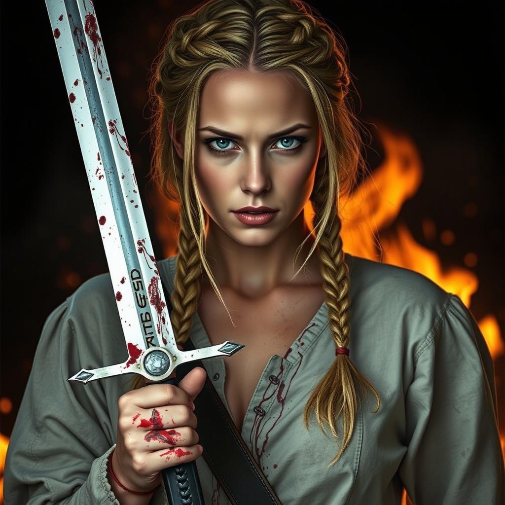 A woman with braided blonde hair, half undone, holding a bloody sword in her hand