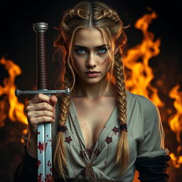 A woman with braided blonde hair, half undone, holding a bloody sword in her hand