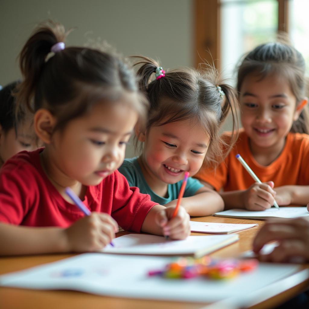 A vibrant and heartwarming scene of children at an orphanage, engaging in educational and playful activities, showcasing the nurturing environment provided by Bright Future E-Tutoring