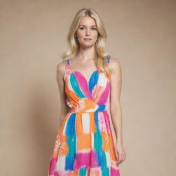 A blonde female model standing gracefully in a vibrant summer dress.