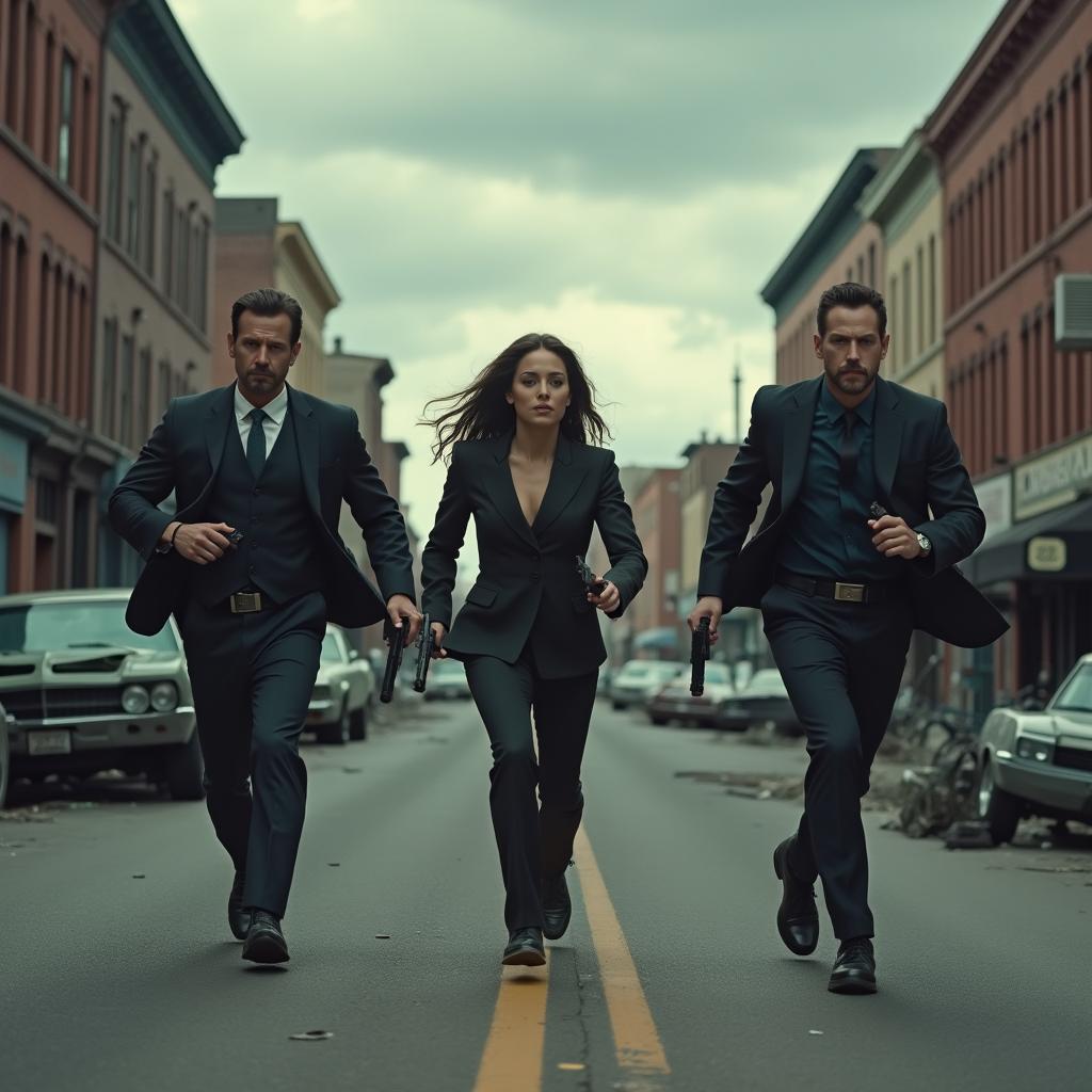 Mark Wahlberg, Serenay Sarıkaya, and Tom Hardy running with guns in a dramatic Detroit street scene with dark clouds and broken-down cars, photorealistic and cinematic in 8K