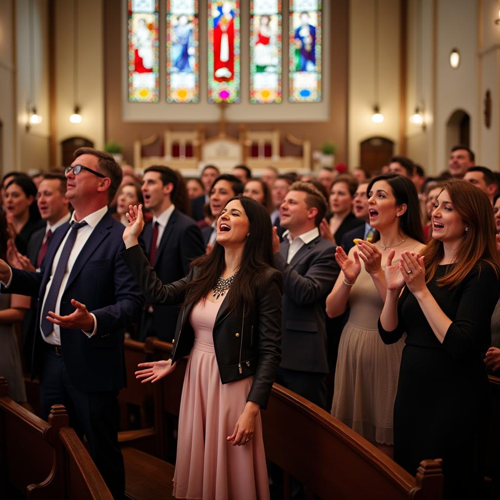 A group of people in a beautifully decorated church, energetically proclaiming praises with hands raised, clapping, and singing