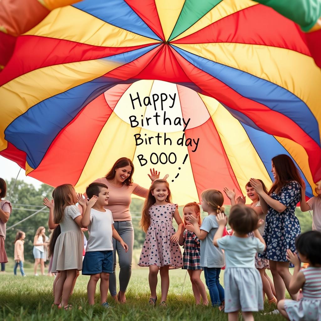 A joyful birthday scene where a group of children and a mother are playing with a parachute