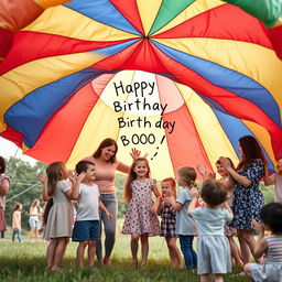 A joyful birthday scene where a group of children and a mother are playing with a parachute