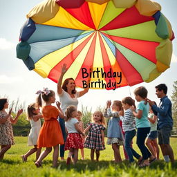 A joyful birthday scene where a group of children and a mother are playing with a parachute