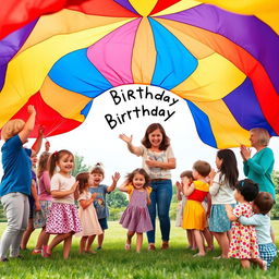 A joyful birthday scene where a group of children and a mother are playing with a parachute