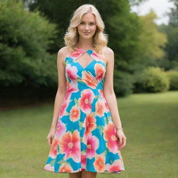 A blonde female model standing gracefully in a vibrant summer dress.