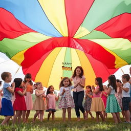 A joyful birthday scene where a group of children and a mother are playing with a parachute