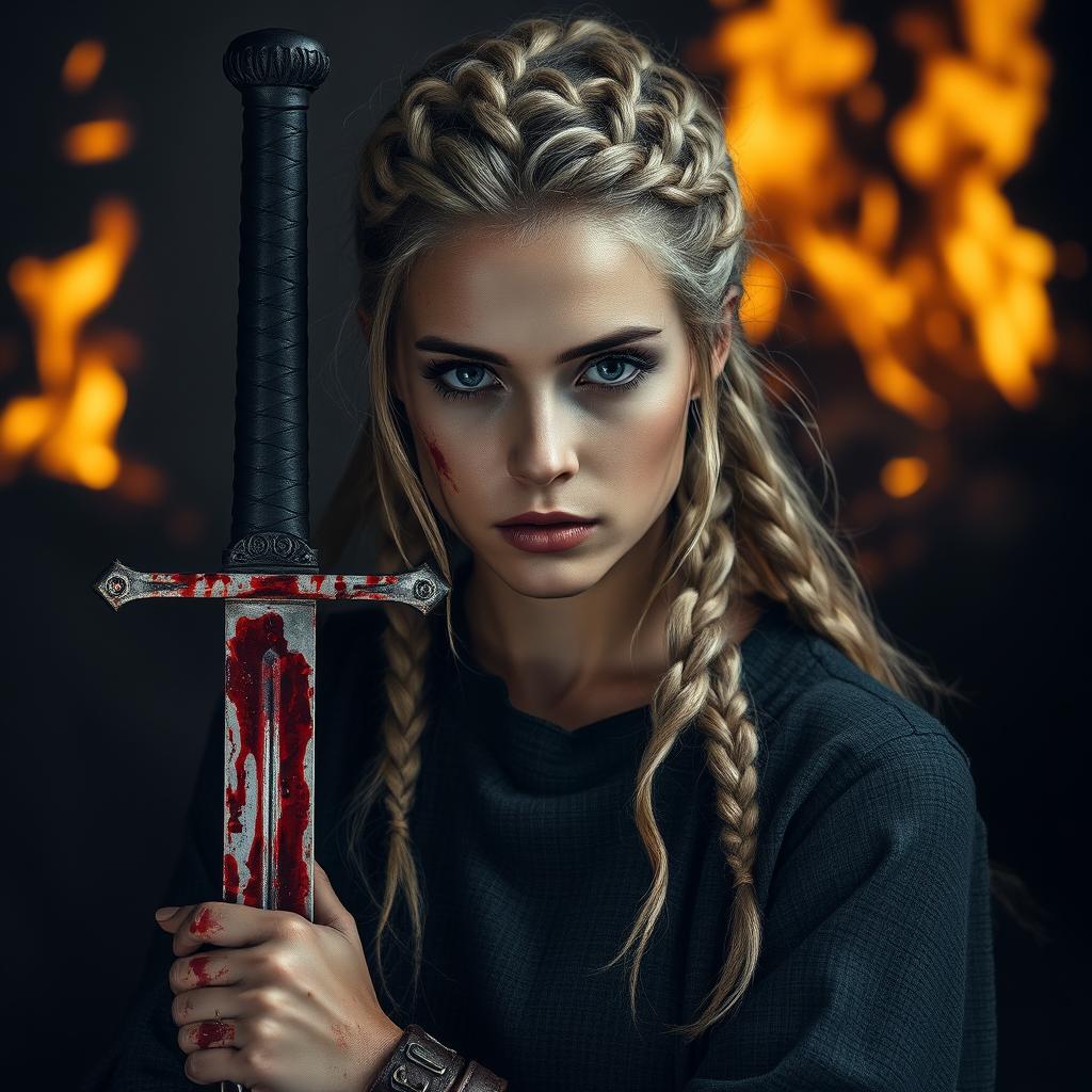 A woman with braided blonde hair, half undone, holding a bloody sword in her hand