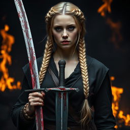 A woman with braided blonde hair, half undone, holding a bloody sword in her hand