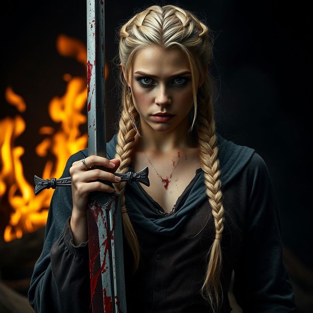 A woman with braided blonde hair, half undone, holding a bloody sword in her hand