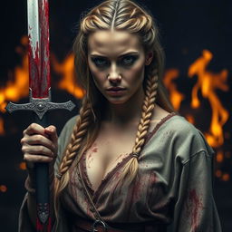 A woman with braided blonde hair, half undone, holding a bloody sword in her hand