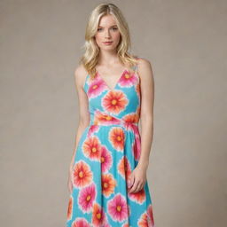 A blonde female model standing gracefully in a vibrant summer dress.