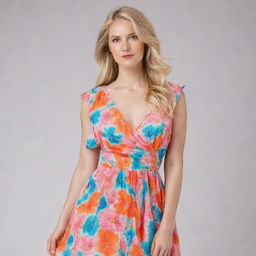 A blonde female model standing gracefully in a vibrant summer dress.