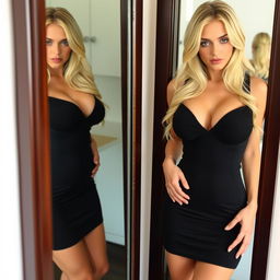 A blonde girl wearing a black dress that is tight-fitting, emphasizing her large bust and hips, reflected in a mirror