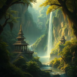 A mystical hidden land, filled with ancient temples, lush greenery, and serene waterfalls