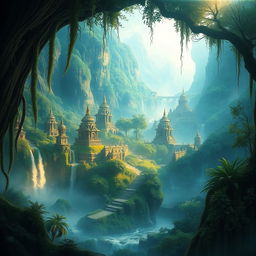 A mystical hidden land, filled with ancient temples, lush greenery, and serene waterfalls