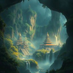 A mystical hidden land, filled with ancient temples, lush greenery, and serene waterfalls