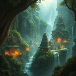 A mystical hidden land, filled with ancient temples, lush greenery, and serene waterfalls