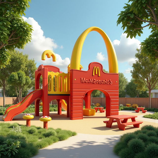 Un parque infantil lleno de vida, decorado con elementos icónicos de McDonald's, incluyendo toboganes en forma de papas fritas, columpios de hamburguesas y una zona de picnic con el logotipo de McDonald's